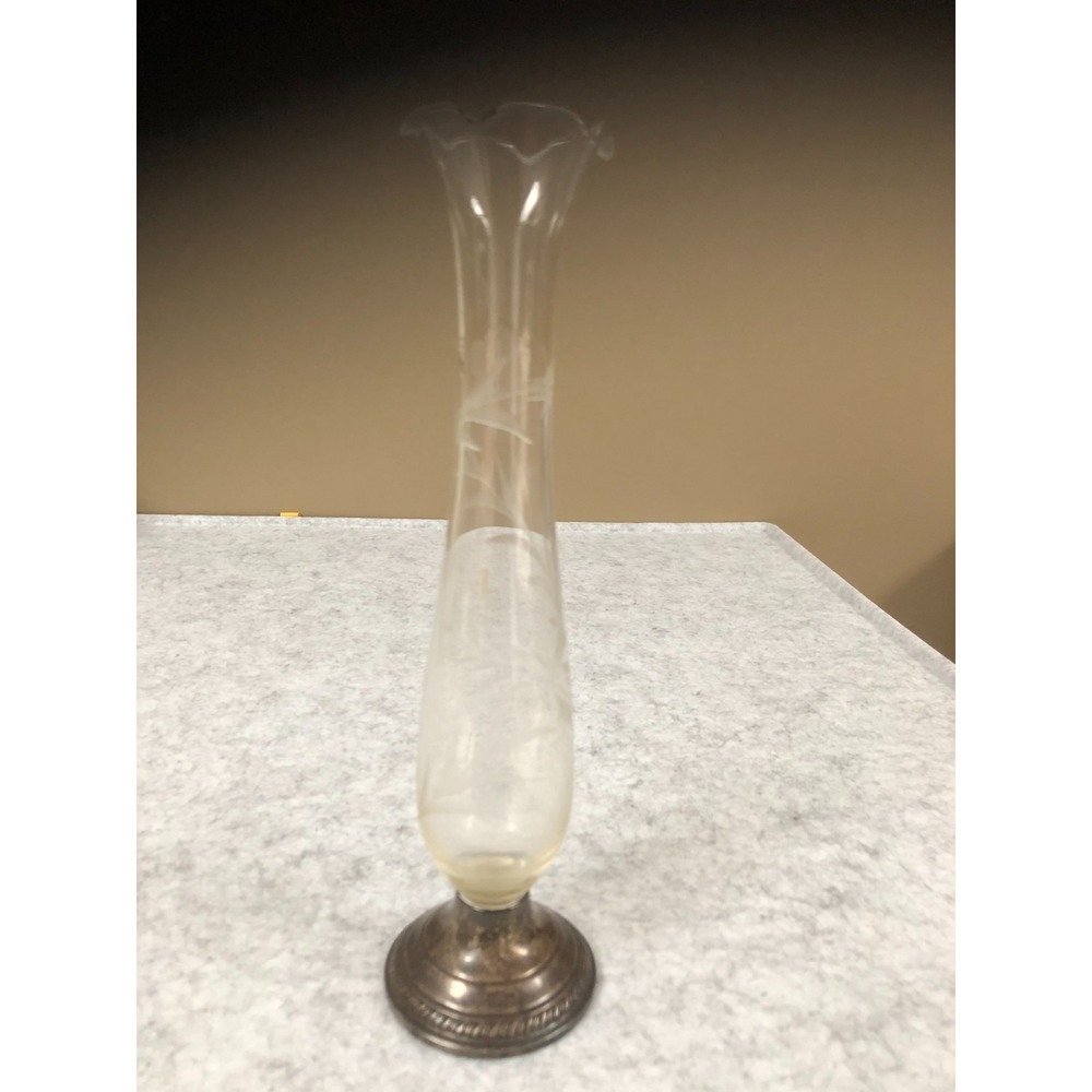 Vintage Crown Sterling Weighted Silver Vase Etched Floral 10" Vintage Elegant
